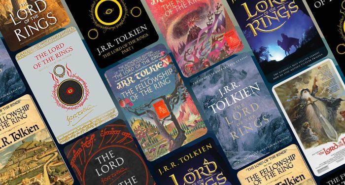 Collage of book covers of different editions of THE LORD OF THE RINGS by J.R.R. Tolkien