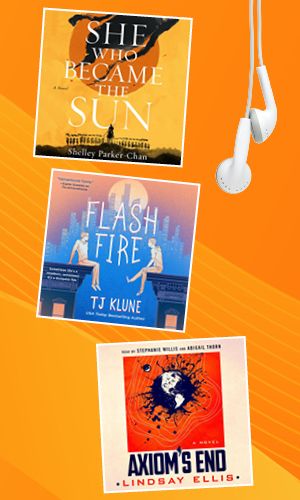 Three Macmillan Audio book covers on orange background with white earphones hanging on right