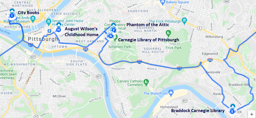 Map of bookish destinations in Pittsburgh