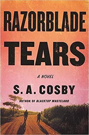 cover image of Razorblade Tears by S.A. Cosby: illustration of two people in silhouette walking on a dirt road with a pink sky in the background