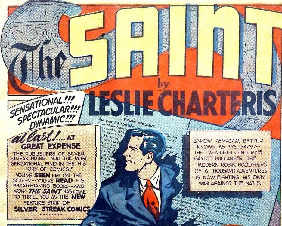 The title page for the feature shows the Saint bursting through the pages of a novel.