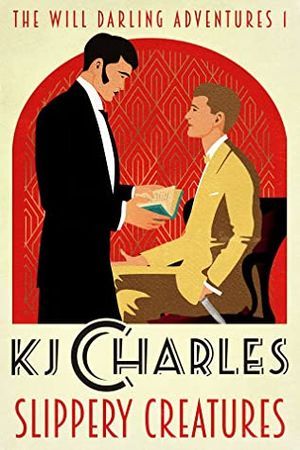 Amante de KJ Charles de criaturas resbaladizas: un hombre con un traje de bronce que sostiene un cuchillo mientras está sentado en una silla marrón, un ejemplo de un hombre de pie en un libro abierto y sosteniendo un libro abierto