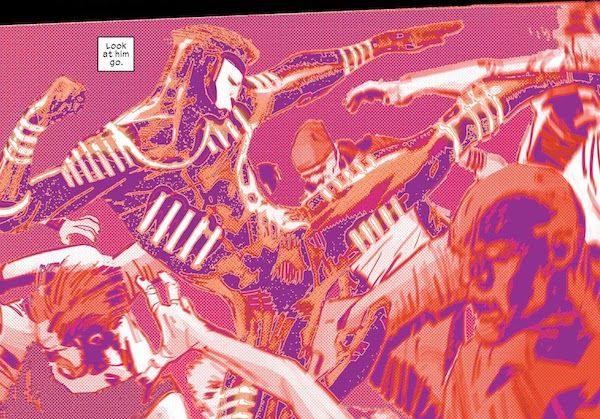 A panel from Daredevil #1 (2016). Blindspot, in costume, fights several opponents. The panel is in red tones to convey that this is what Daredevil is "seeing" through his radar sense.
Daredevil's narration box: "Look at him go."