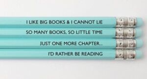 four light blue pencils with book quotes inscribed