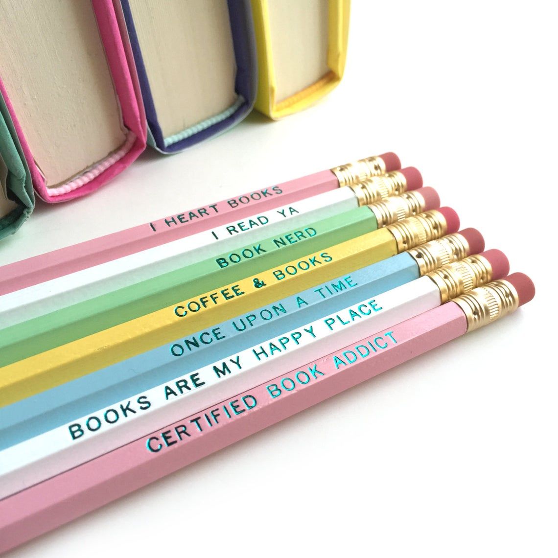 set of seven pencils with bookish sayings 