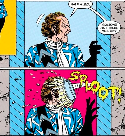 Two panels from a Suicide Squad comic.

Panel 1: Digger says "Half a mo! Someone out there call me?"

Panel 2: Digger is hit in the face with a pie.