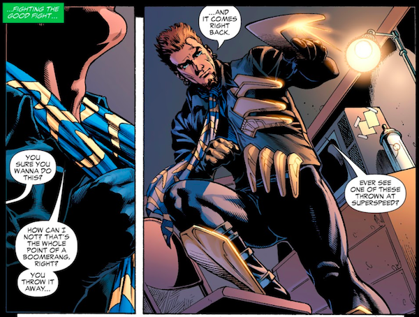 Two panels from Identity Crisis. Panel 1: A narration box says "...Fighting the good fight..." In closeup, Owen adjusts a boomerang-printed scarf around his neck. Someone off panel: "You sure you want to do this?" Owen: "How can I not? That's the whole point of a boomerang, right? You throw it away..." Panel 2: Owen, dressed in his Captain Boomerang costume, holds up a boomerang. Owen: "...And it comes right back. Ever seen one of these thrown at superspeed?"