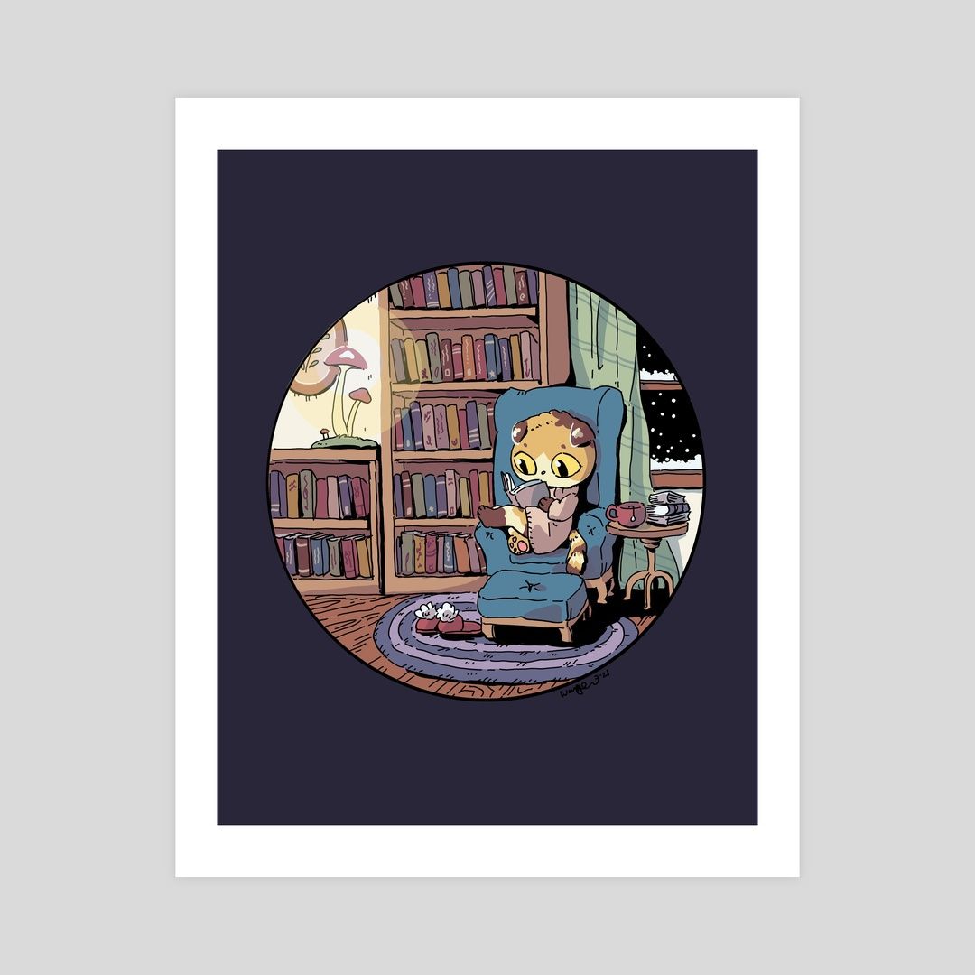 art print of a cat reading in an archaic with bookshelves in the background