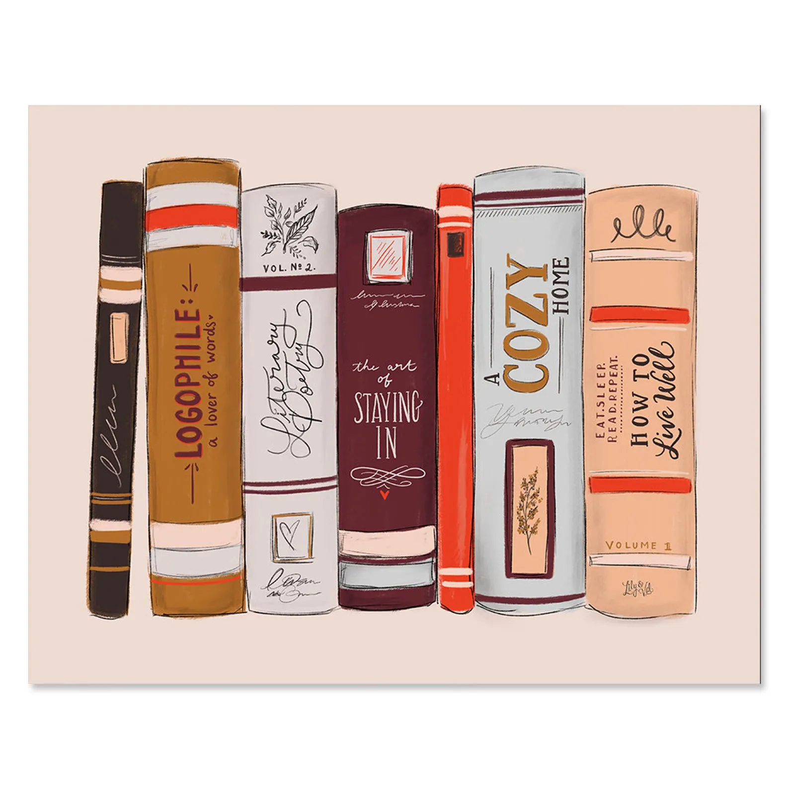 Image of a shelf of fall-colored books with fall-themed titles like "A Cozy Home." 