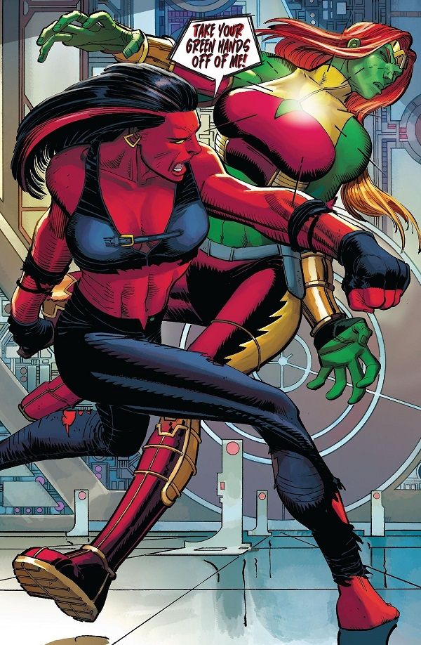 Red She-Hulk punches Lyra in a panel from Fall of the Hulks: Gamma #1. | https://panels-of-interest.tumblr.com/post/168125667936/red-she-hulk-vs-she-hulk-lyra-from-fall-of