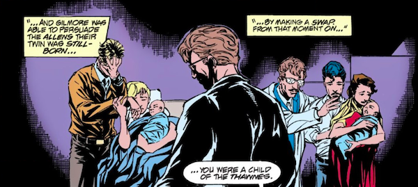 A panel from a Flash comic. On the left, a couple holds a baby while looking distraught, under a narration box that says "...And Gilmore was able to persuade the Allens their twin was stillborn..." On the right, the doctor pushes another couple holding a baby out the door under a caption that says "...by making a swap. From that moment on..." A speech balloon at the bottom of the panel says "...you were a child of the Thawnes."