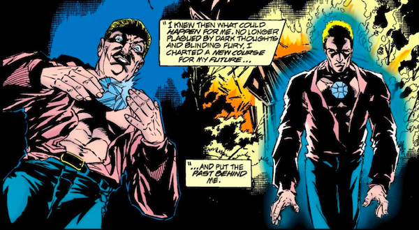 A panel from a Flash comic. On the left, Malcolm Thawne places a blue gemstone on his chest. On the right, he walks forward, glowing blue, with a house on fire behind him. Down the center of the panel, narration boxes say: "I knew then what could happen for me. No longer plagued by dark thoughts and blinding fury, I charted a new course for my future...and put the past behind me."