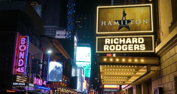 Photo of a Hamilton sign on Broadway