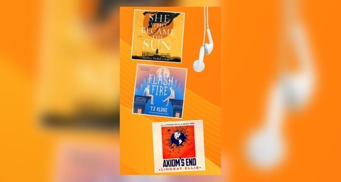 Three Macmillan Audio book covers on orange background with white earphones hanging on right