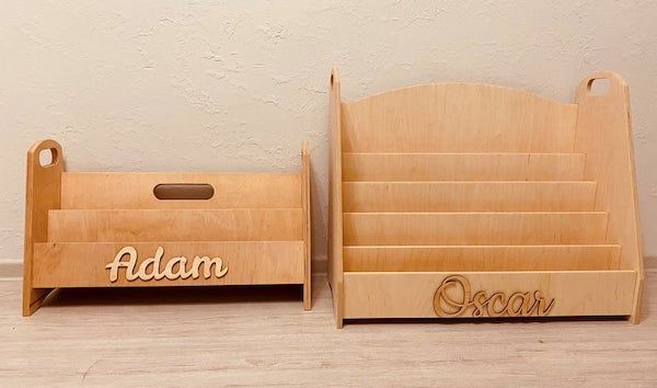 image of wooden montessori bookshelf with names