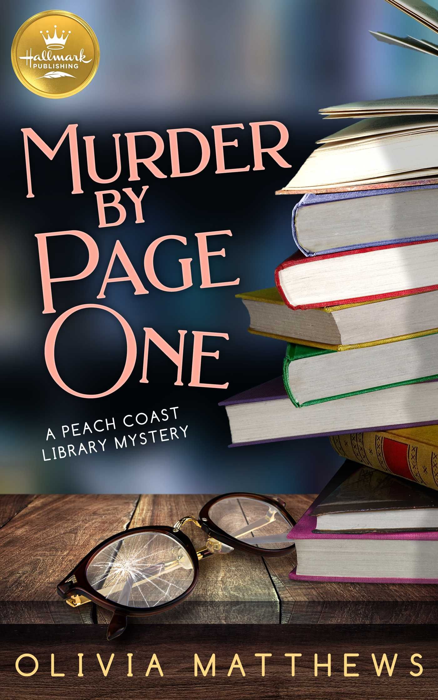 Cover Murder by Page One Shows an awkwardly tall stack of books and a pair of glasses with shattered  lenseson a desk