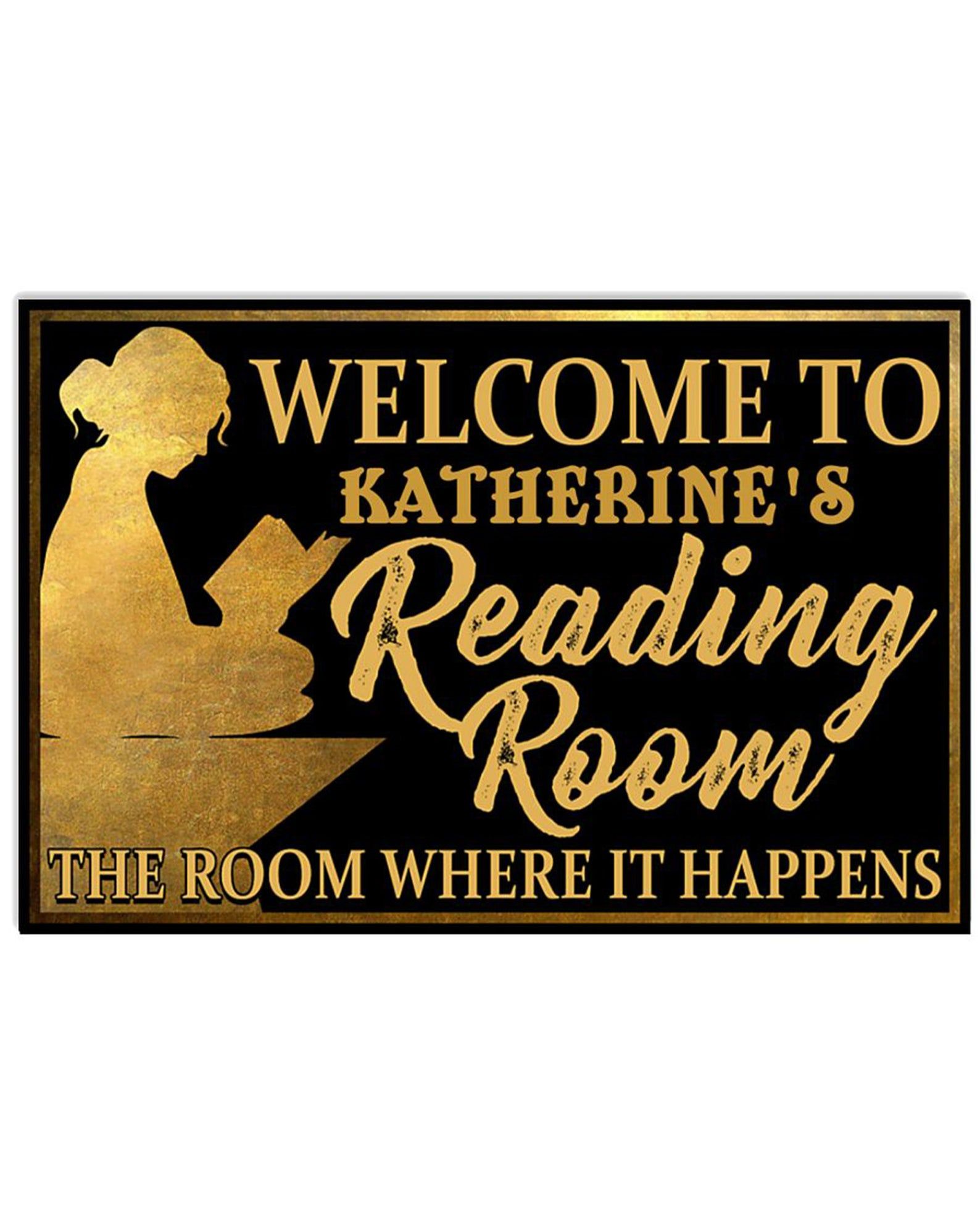 Image of a black doormat with a golden, Hamilton-inspired design. It can be customized but reads "Welcome to Katherine's Reading Room. The room where it happens."