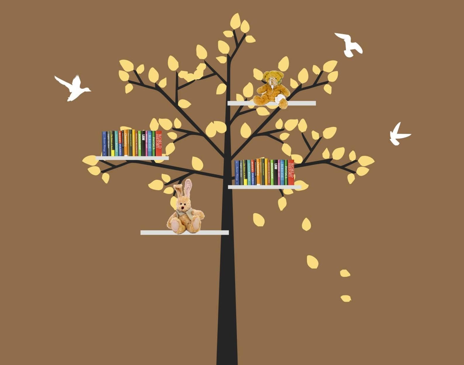 Image of bookshelves in a tree used for a wall decal. 