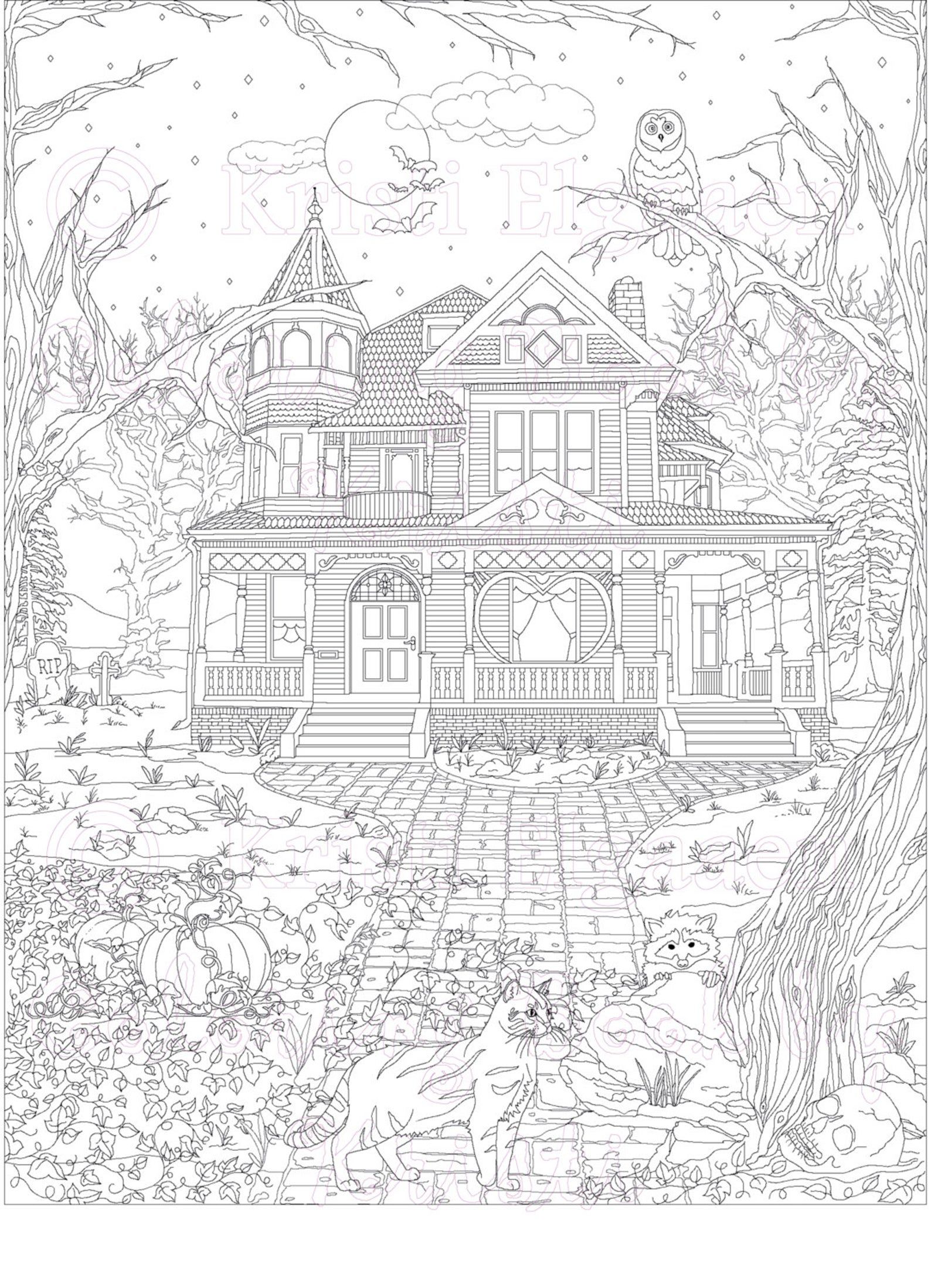 coloring book design of a Victorian mansion with cats and raccoons outside