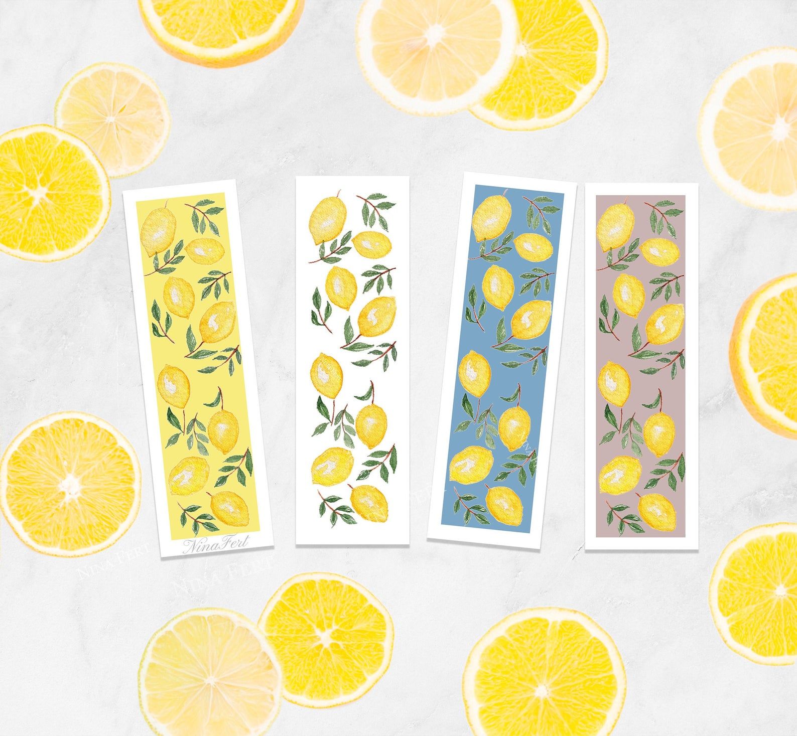 Image of four different lemon bookmarks in yellow, white, blue, and purple. 