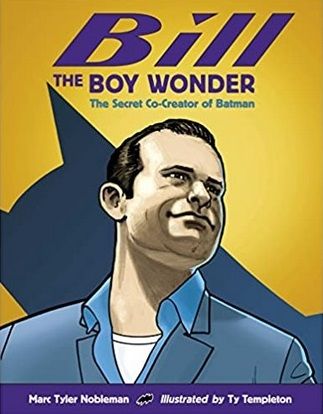 An illustrated portrait of Bill Finger with a tilted shadow of Batman's hood behind him
