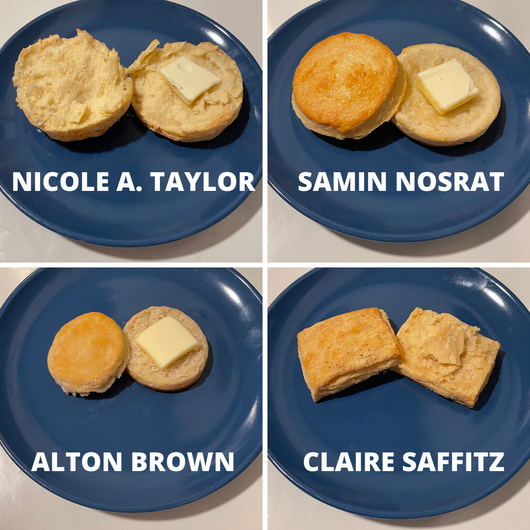 Four images edited together of different buttermilk biscuits on blue plates. The biscuits are marked with the name of each recipe's creator: Nicole A. Taylor, Samin Nosrat, Alton Brown, and Claire Saffitz.