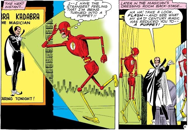 From The Flash #133. A poster of Abra Kadabra emits green energy that turns Flash into a life-size marionette.