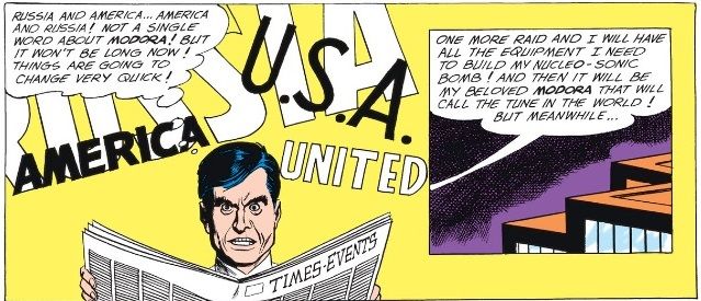 From Green Lantern #14. Sonar glares at a newspaper and vows to make his small nation of Modora as powerful as America and Russia.