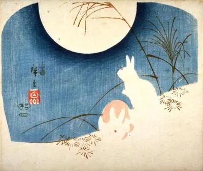 Image of an illustration of two rabbits under a full moon