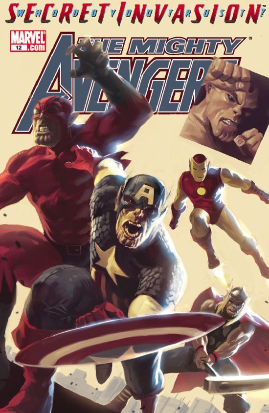 Picture of The Mighty Avengers, Secret Invasion Cover. 
https://images-na.ssl-images-amazon.com/images/I/51au7DL6h9L._SY291_BO1,204,203,200_QL40_FMwebp_.jpg