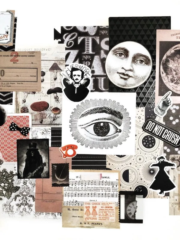 Assorted junk journal supplies including a moon, a clock, and an Edgar Allan Poe sticker.