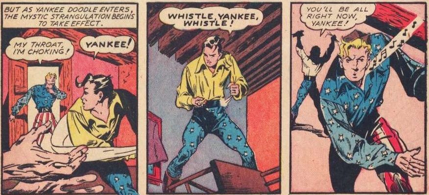 From Yankee Comics #1. Yankee Doodle Jones starts to choke. Dandy tells him to whistle, and he does so.