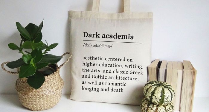 a tote bag bearing the definition of dark academia