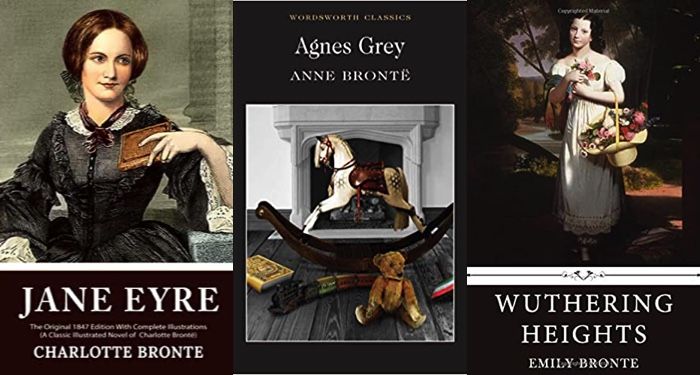 a collage of three book covers by the Bronte sisters: Jane Eyre, Wuthering Heights, and Agnes Grey