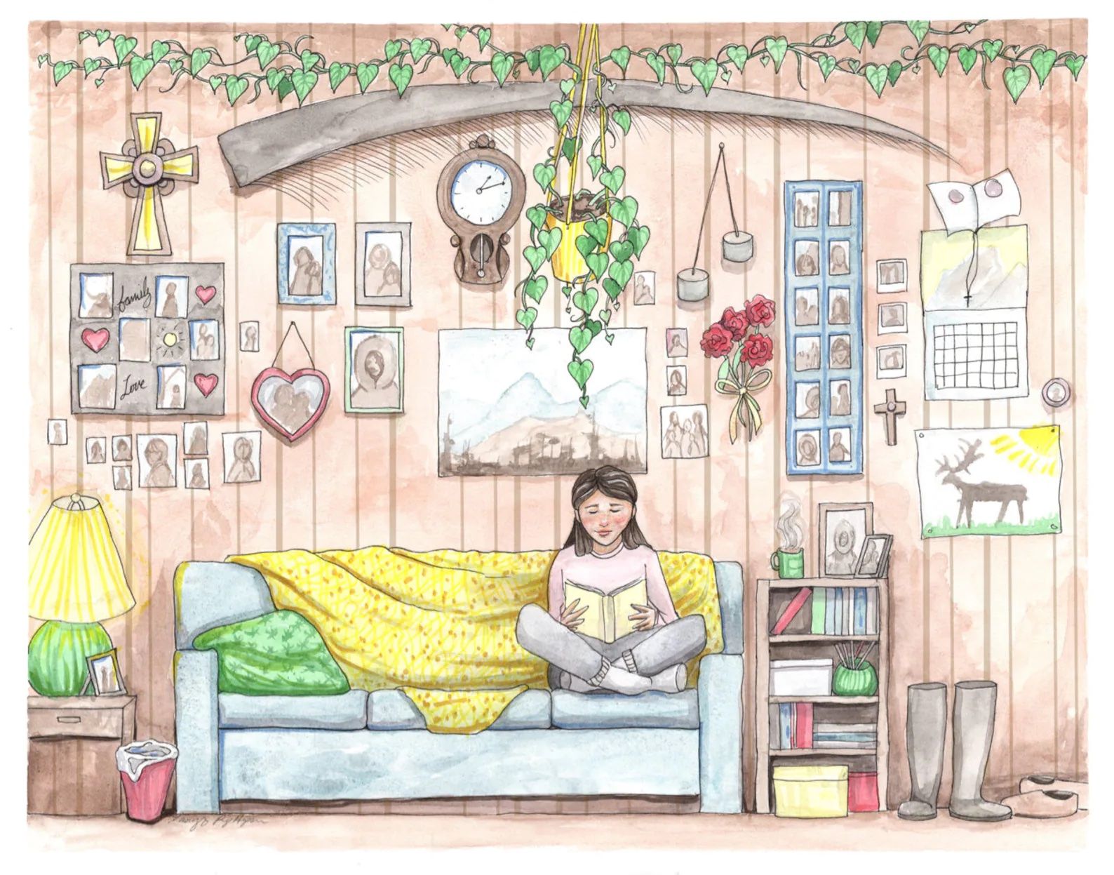 A watercolor print depicting a cozy living room with pictures and plants hanging on the wall, with a blue sofa in the center and an Inupiaq woman reading a book.