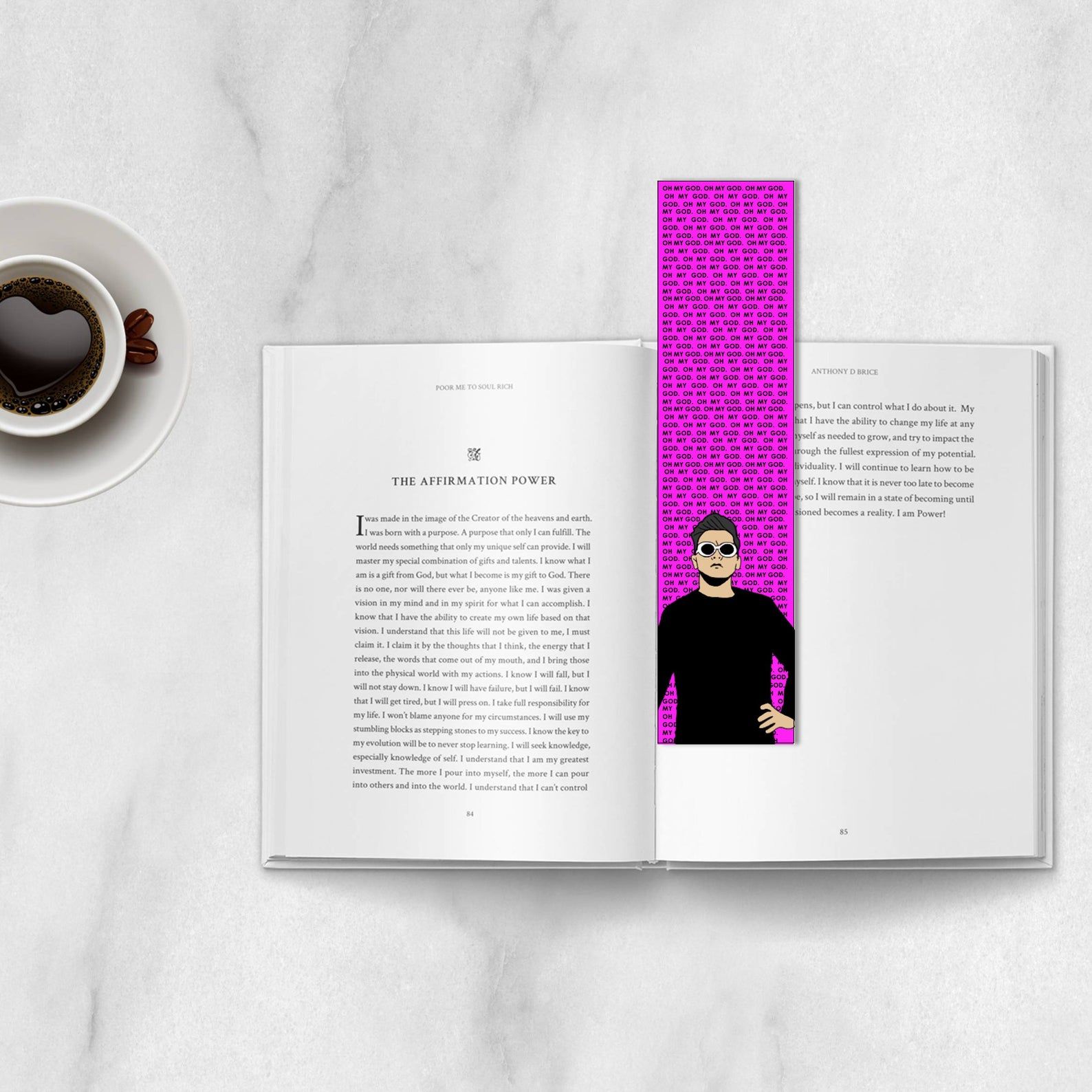 A bright purple bookmark is set in an open book. At the bottom is a drawing of David Rose in a black sweater and white sunglasses. In the background is text that reads "OH MY GOD" in an endless scroll.