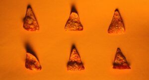 six individual Doritos chips against an orange background