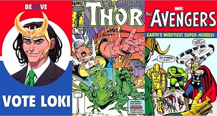 collage of three comics covers featuring the character Loki