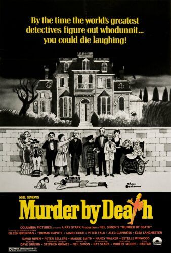 movie poster for murder by death, featuring a black and white illustration of the cast standing in front of a spooky old house
