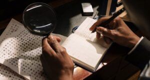 a person taking notes with one hand and holding a magnifying glass with the other