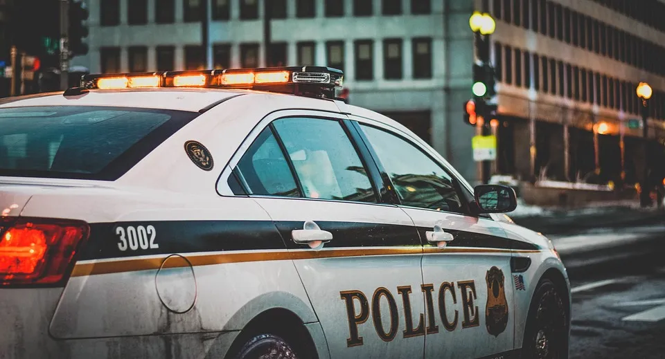 Colour image showing the right-hand side of a police car, its lights on, driving along a city street