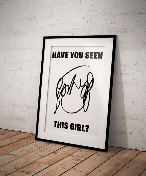 A poster in a black frame leaned against the wall. The poster reads, "Have you seen this girl?" and features a scribbled outline of Ramona Flowers' head.