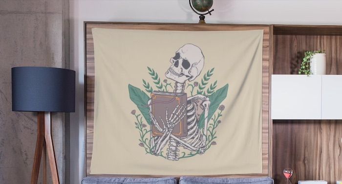 Banner showing a skeleton hugging a book