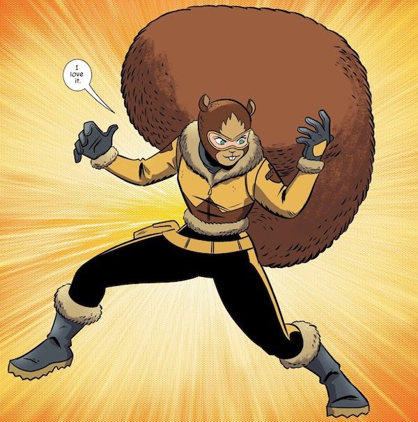 A panel from The Unbeatable Squirrel Girl #43. Doreen is wearing black leggings, a yellow and brown fur-lined jacket with acorns on the shoulders, gray gloves, gray fur-lined boots, and a brown balaclava with a squirrel face and ears on it. Doreen: I love it.