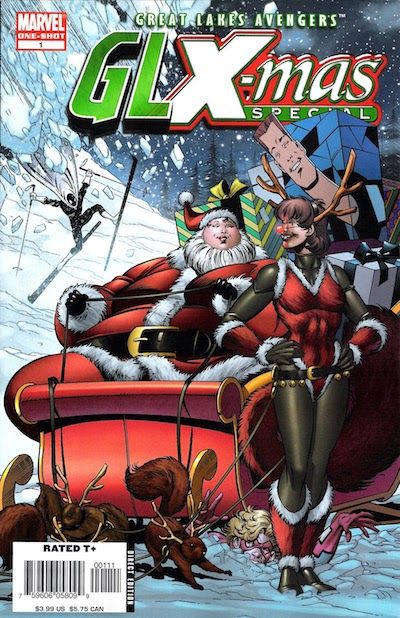 The cover of GLX-Mas Special #1. The Great Lakes Avengers are gathered around Santa's sleigh, which is pulled by squirrels and Doreen. Big Bertha is sitting in the sleigh dressed as Santa, and Flatman is tucked in among the presents. Mr. Immortal is being crushed under the sleigh. Doorman is skiing ahead of an avalanche at in the background. Doreen's costume is the same as previously, but all of the fur elements are red with white trim. She wears antlers, a glowing red nose, and a belt with jingle bells on it.