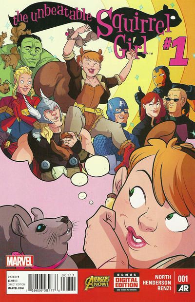 The cover of The Unbeatable Squirrel Girl #1 (first series). It's a closeup of Doreen and her squirrel friend Tippy Toe daydreaming about being carried in triumph by the Avengers, including the Hulk, Captain Marvel, Thor, Captain America, Black Widow, Hawkeye, and Iron Man.
Doreen wears a light brown, apparently strapless bathing suit trimmed with fur over gray tights. She has accessorized with a headband with squirrel ears, acorn earrings, a dark brown, fleece-lined bomber jacket with the sleeves pushed up to her elbows, a yellow utility belt, and light brown, fur-lined boots.