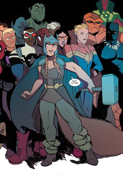 A page from the graphic novel The Unbeatable Squirrel Girl Beats Up the Marvel Universe. Doreen stands in front of a crowd of superheroes including Deadpool, Hawkeye, Beast, Hulk, Falcon, Spider-Man, Storm, Spider-Woman, Captain Marvel, Thing, Vision, and Black Panther.

Doreen is holding Thor's hammer and wearing an Asgardian-esque outfit, including a metal helmet, a gray cape, a brown leotard over gray tights, brown boots with more fur than usual, and some kind of dark brown half skirt/capelet thing held on with a gold belt. Her hair is longer than usual and in two braids.

Doreen: Nuts to that.