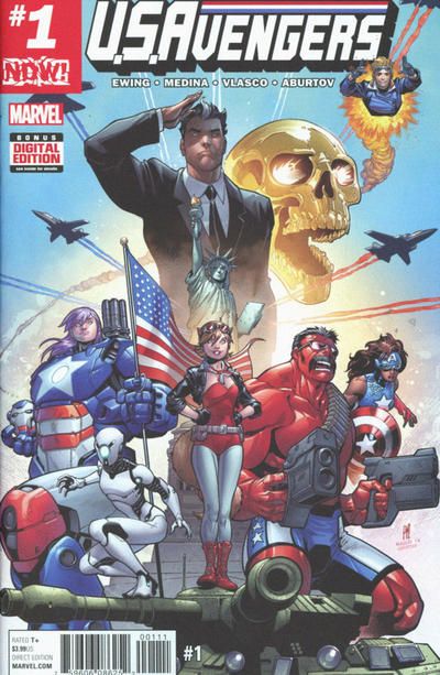 The cover to U.S.Avengers #1, featuring Doreen at the center and a lot of military/patriotic imagery (a flag, a tank, fighter jets, etc.). Also on the cover are Red Hulk, Cannonball, Enigma, Iron Patriot, and Danielle Cage.
Doreen's usual suit and boots are red instead of brown, and her jacket is a black leather one. She is also wearing red goggles pushed up on her head and a flag-themed neckerchief.