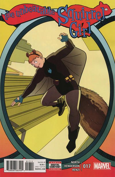 The cover to The Unbeatable Squirrel Girl #17. Doreen is flying in a dark brown, long sleeved suit over gray tights, with "wings" like a flying squirrel's stretching between her wrists and hips. There is a stylized blue squirrel head insignia on her chest and matching fingerless gloves.