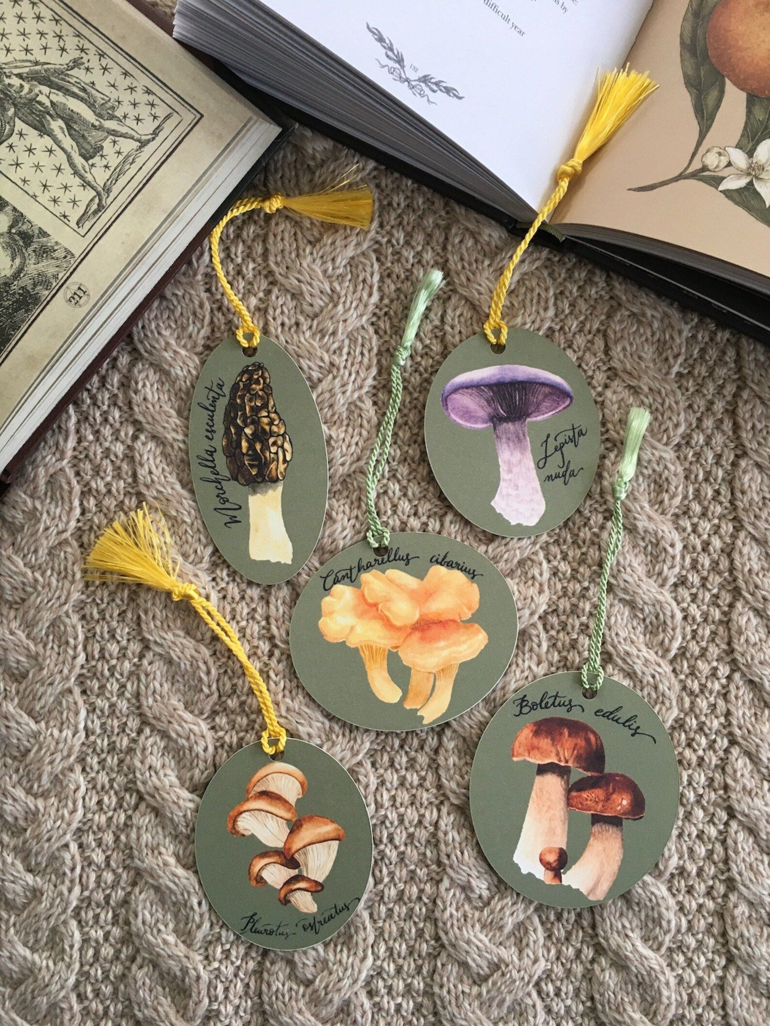 Five green bookmarks with watercolor mushrooms.